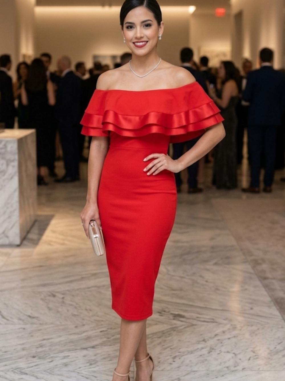 Entry Red Off-Shoulder Ruffle Midi Dress